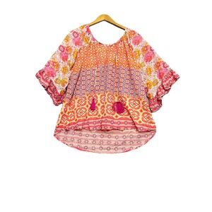 Lulalife Blouse Top Womens XL Multicolour Floral Tie Neck Tassels Tropical Boho